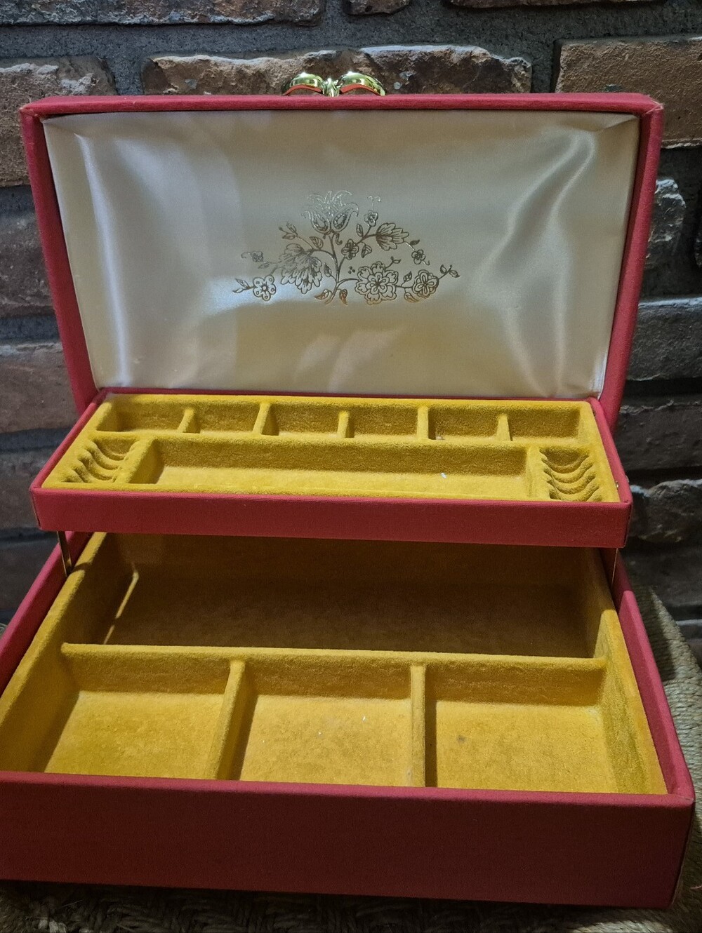 Vintage Red & Yellow Fabric Jewelry Box With Floral Embroidery